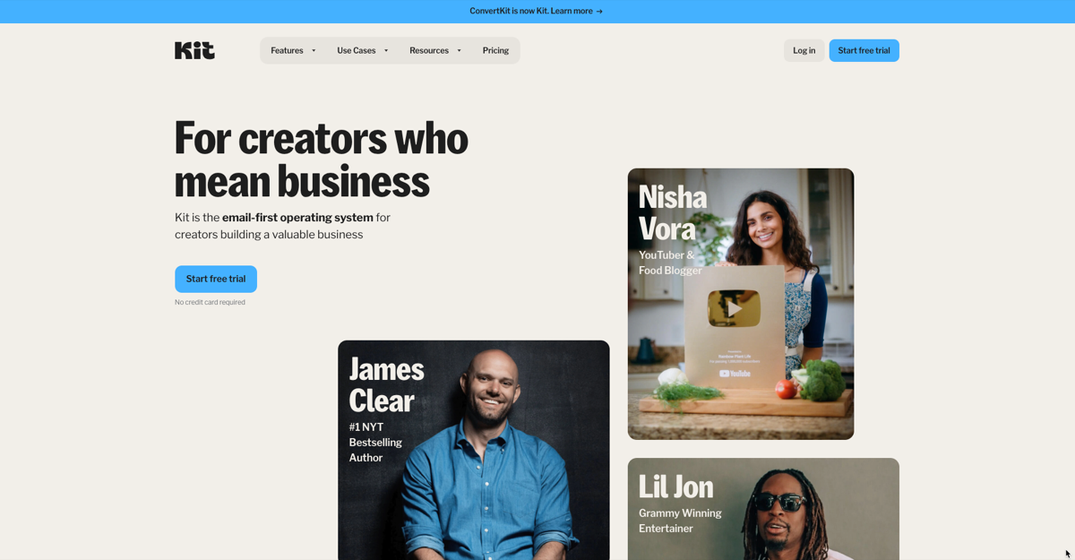 Kit (formerly ConvertKit) website screenshot