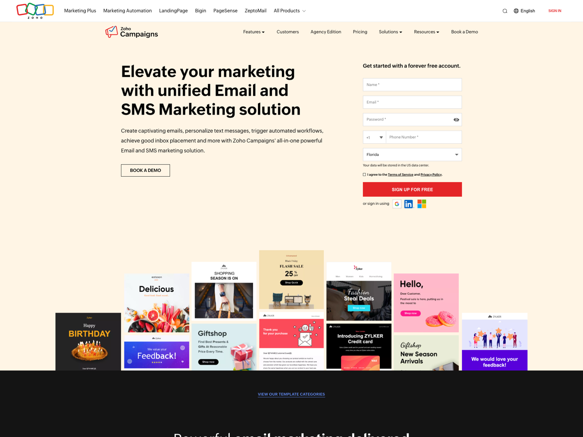 Zoho Campaigns website screenshot